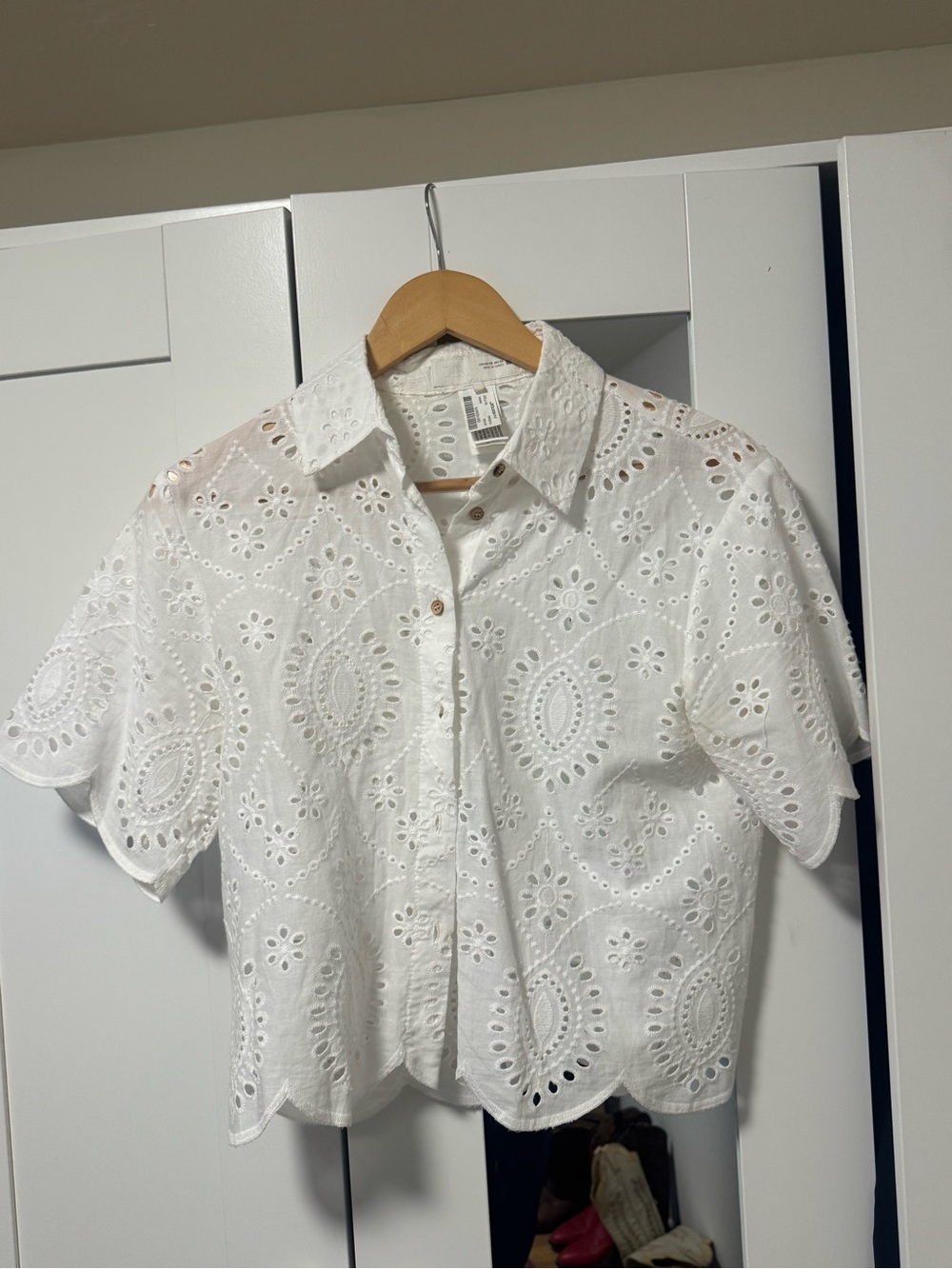 Zara White Eyelet Button-Front Collared Top